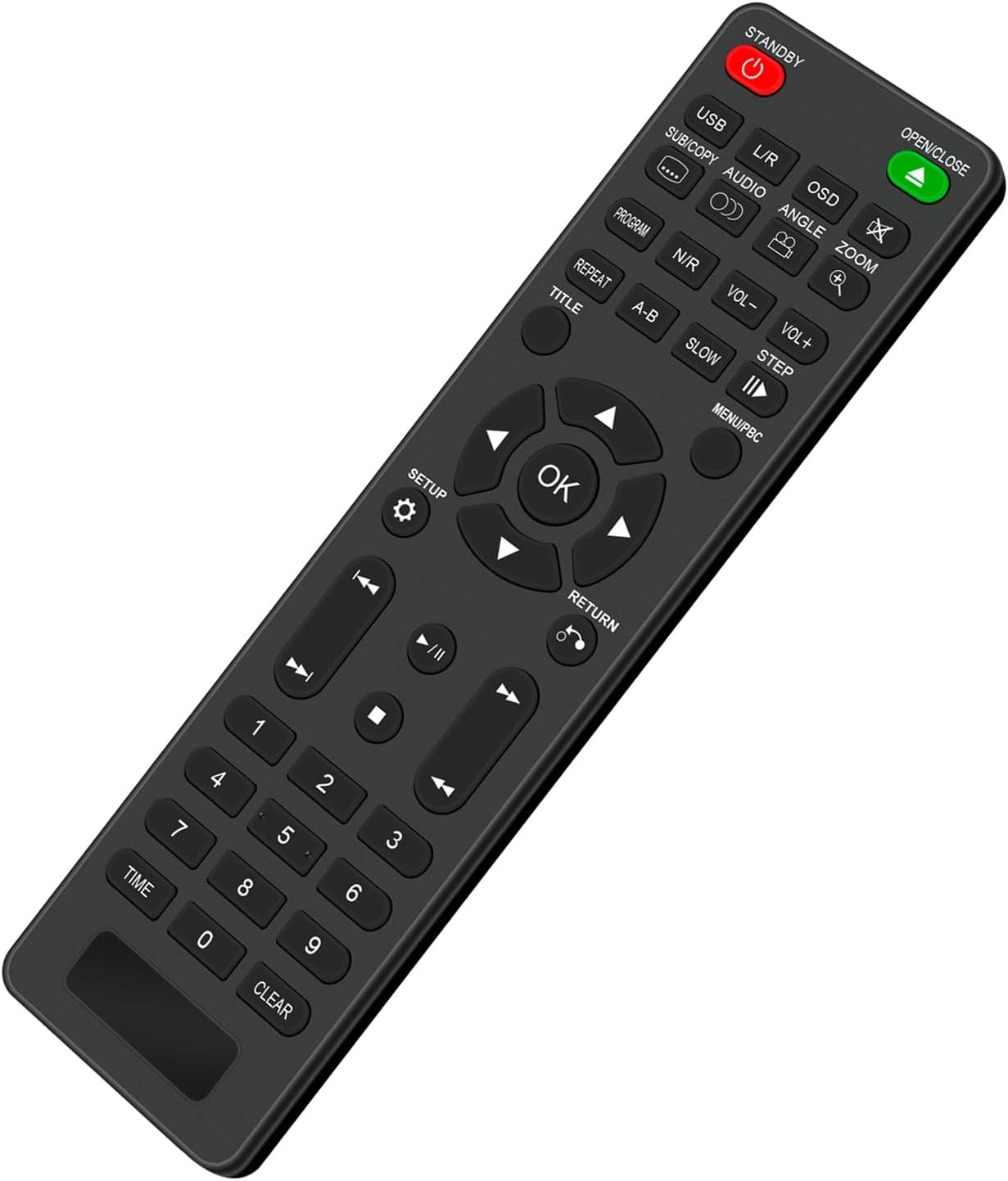 Front view of the VINABTY remote control showing all buttons and their labels