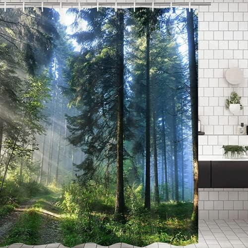 Alishomtll Shower Curtain Forest 3D Digital Landscape Printing Waterproof Shower Curtains Mould Proof Resistant Washable, Green Polyester Fabric Bathroom Curtains with 12 Hooks 120 x 180
