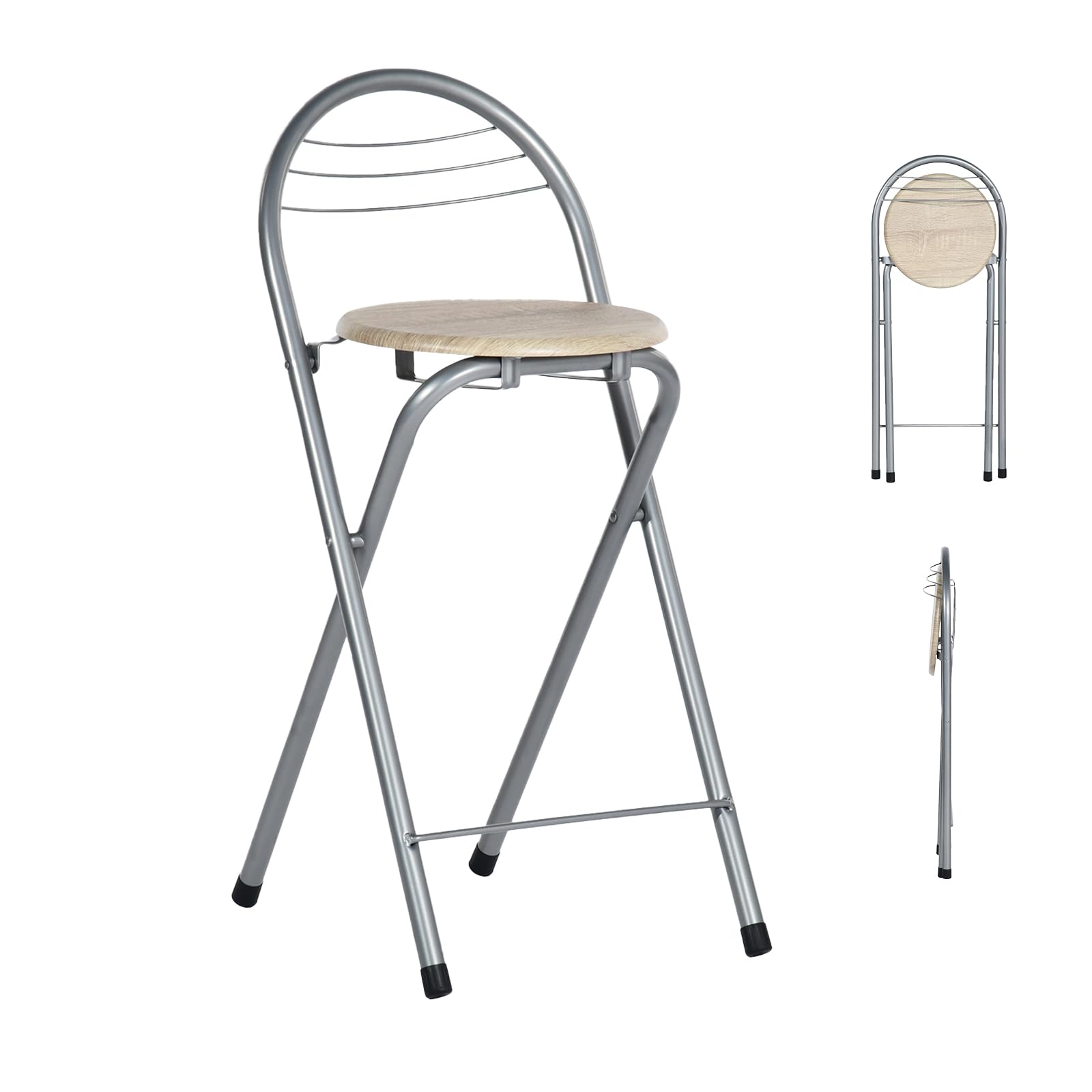 1 tabouret pliant avec dossier, portable, pliable, pour extérieur, jardin, balcon, cuisine, bars, camping, hauteur d'assise 61 cm (chêne et argent)
