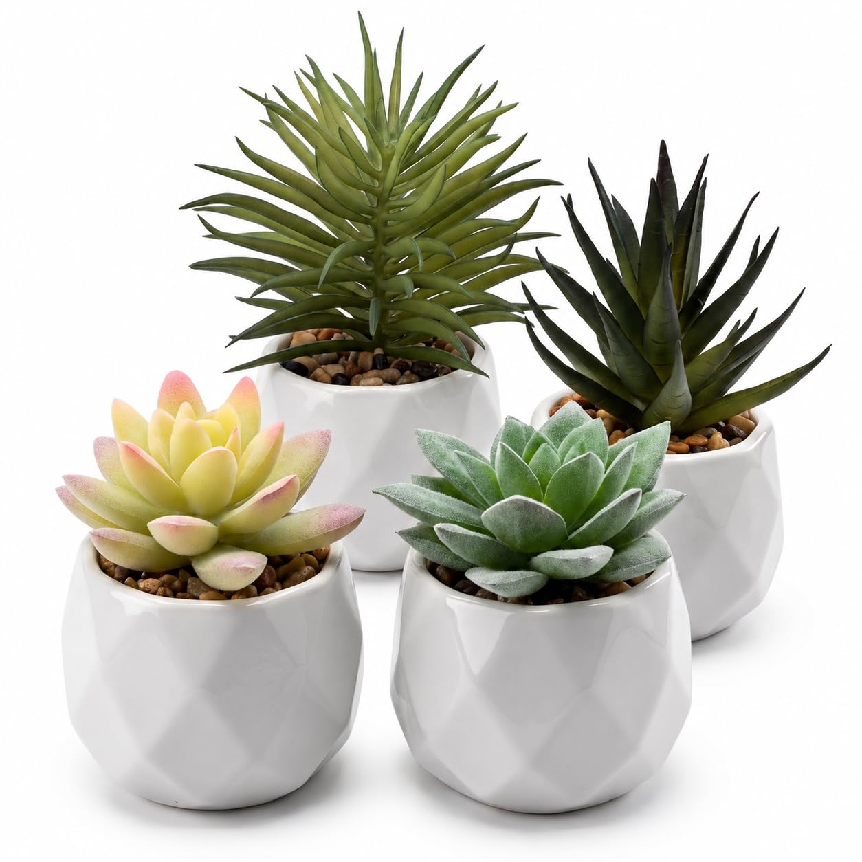 Fake Succulent Plants Set of 4 in Ceramic Pots Artificial Regular, White