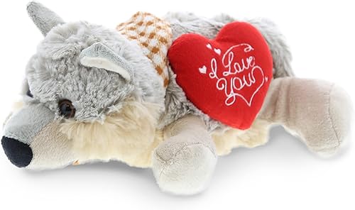 DolliBu I Love You Lying Grey Wolf - Lindo animal de peluche con corazón rojo y nombre personalizado para San Valentín, aniversario, cita romántica,