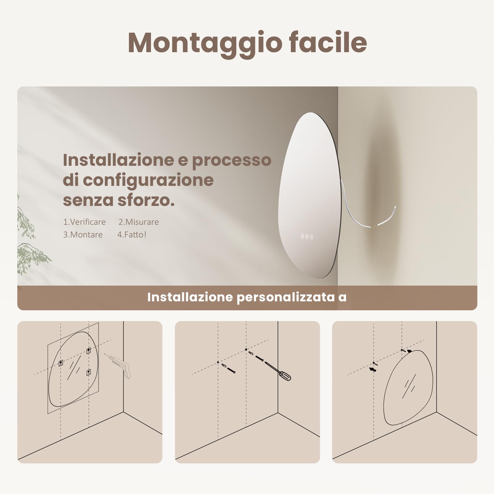 EMKE Specchio con illuminazione asimmetrica, 65 x 45 cm,anti-appannamento | specchio da bagno, interruttore touch, 3 colori di luce dimmerabili, specchio da bagno con illuminazione