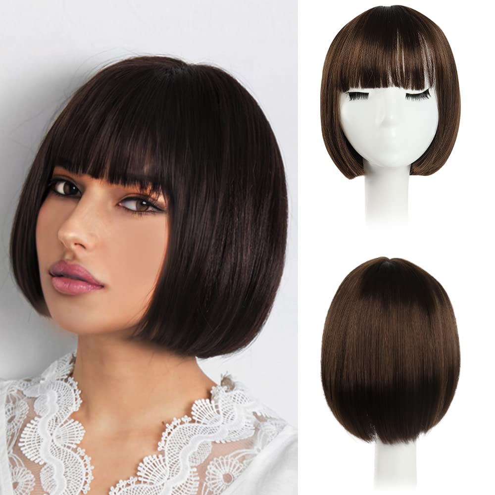 HSPJHTM Bob Wig, Brown Short Wigs Flame Retardant 10" Straight Silky Fluffy Womens Hair Wigs Synthetic Black Wig With Bangs Girl Cosplay Colorful
