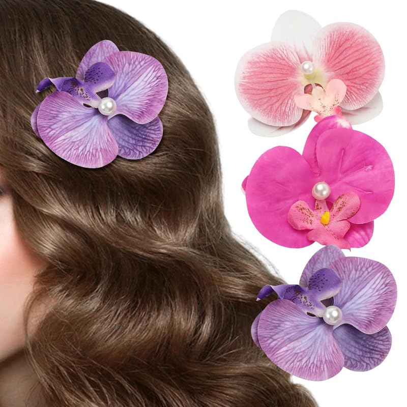 Shivashay 3 Pcs Flower Hair Clips for Women Stylish Elegant Butterfly Orchid Hair Pins Pearl Artificial Flower Claw Clip French Hair Barrette Cute Hair Accessories for Women Girls Kids