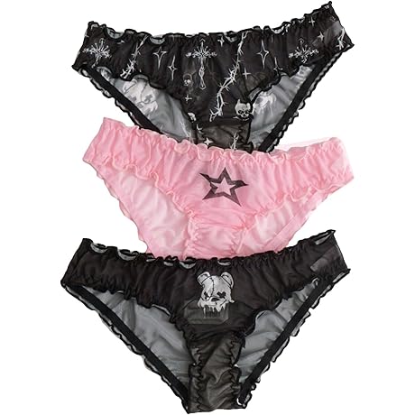Women's 3 Piece Sets Mesh Goth Panties Lettuce Trim Low Rise Cute Underwear