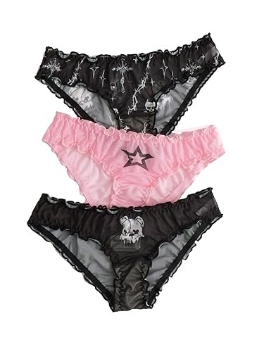 SHENHE Women's 3 Piece Sets Mesh Goth Panties Lettuce Trim Low Rise Cute Underwear