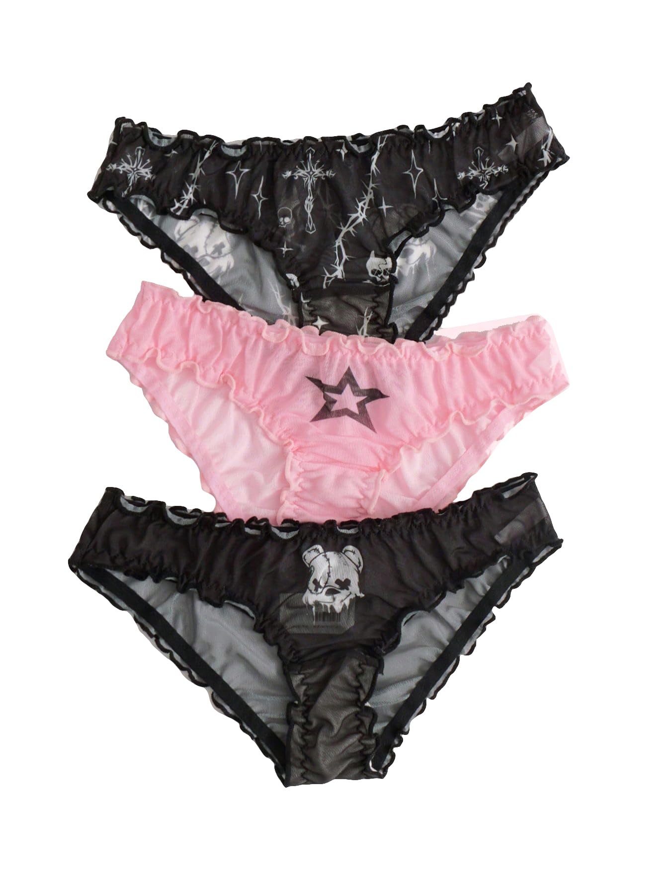 SHENHE Women's 3 Piece Sets Mesh Goth Panties Lettuce Trim Low Rise Cute Underwear