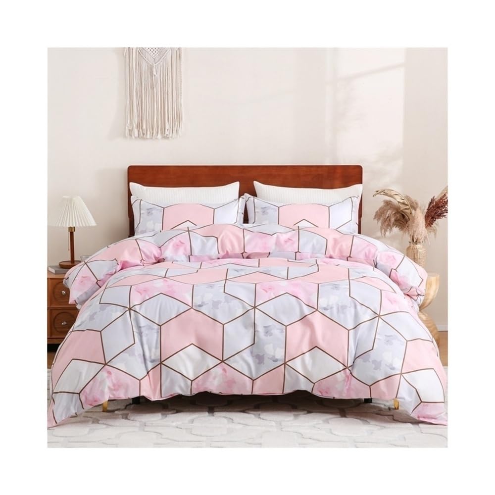 Housse de couette rose marbre 260x220 cm avec ses taies d'oreiller géométriques
