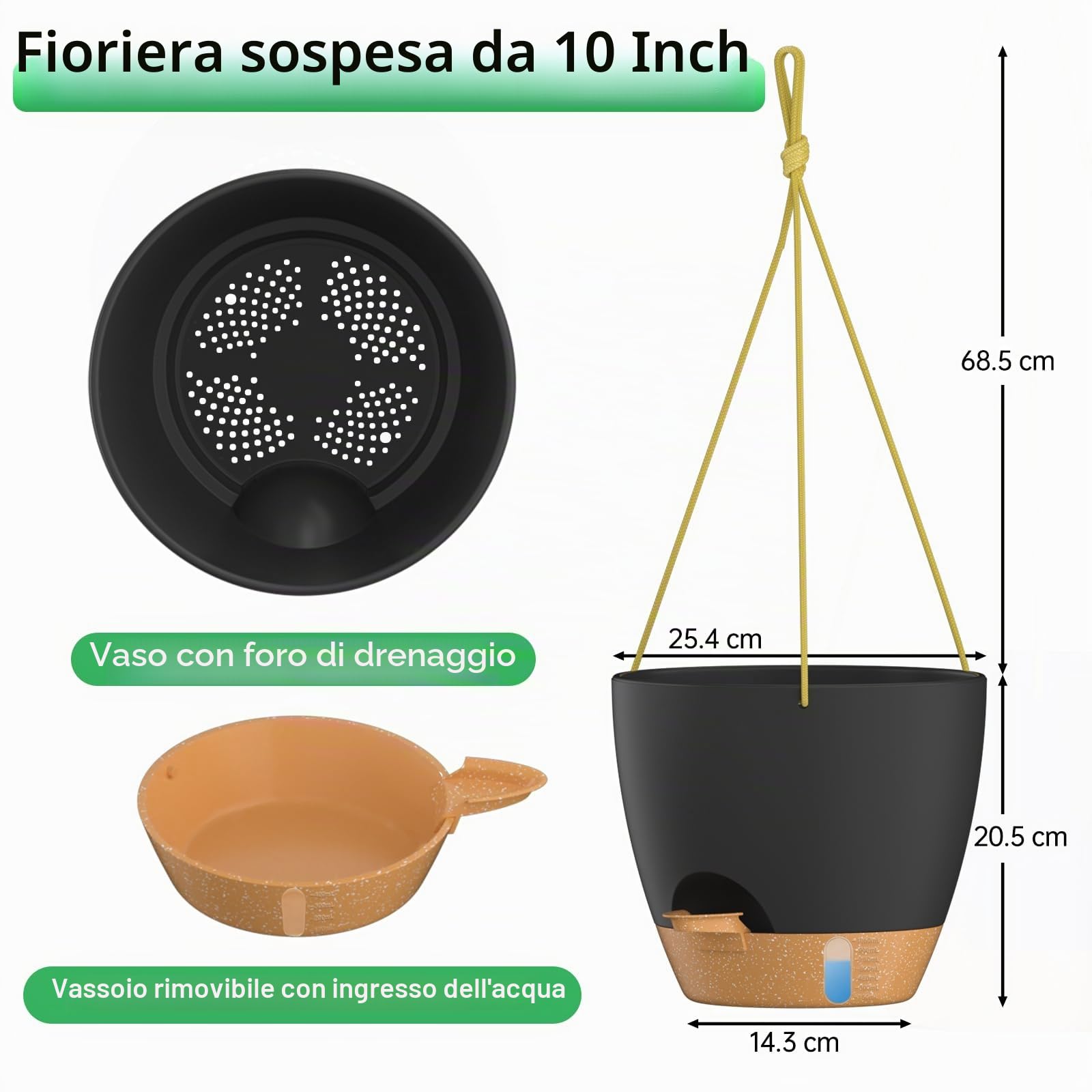 ZMTECH Vaso Autoinnaffiante Da 25 cm Con Fori Di Drenaggio e Sottovaso Per Piante Da Interno, Da Esterno e Da Giardino (Nero, Set Di 2)