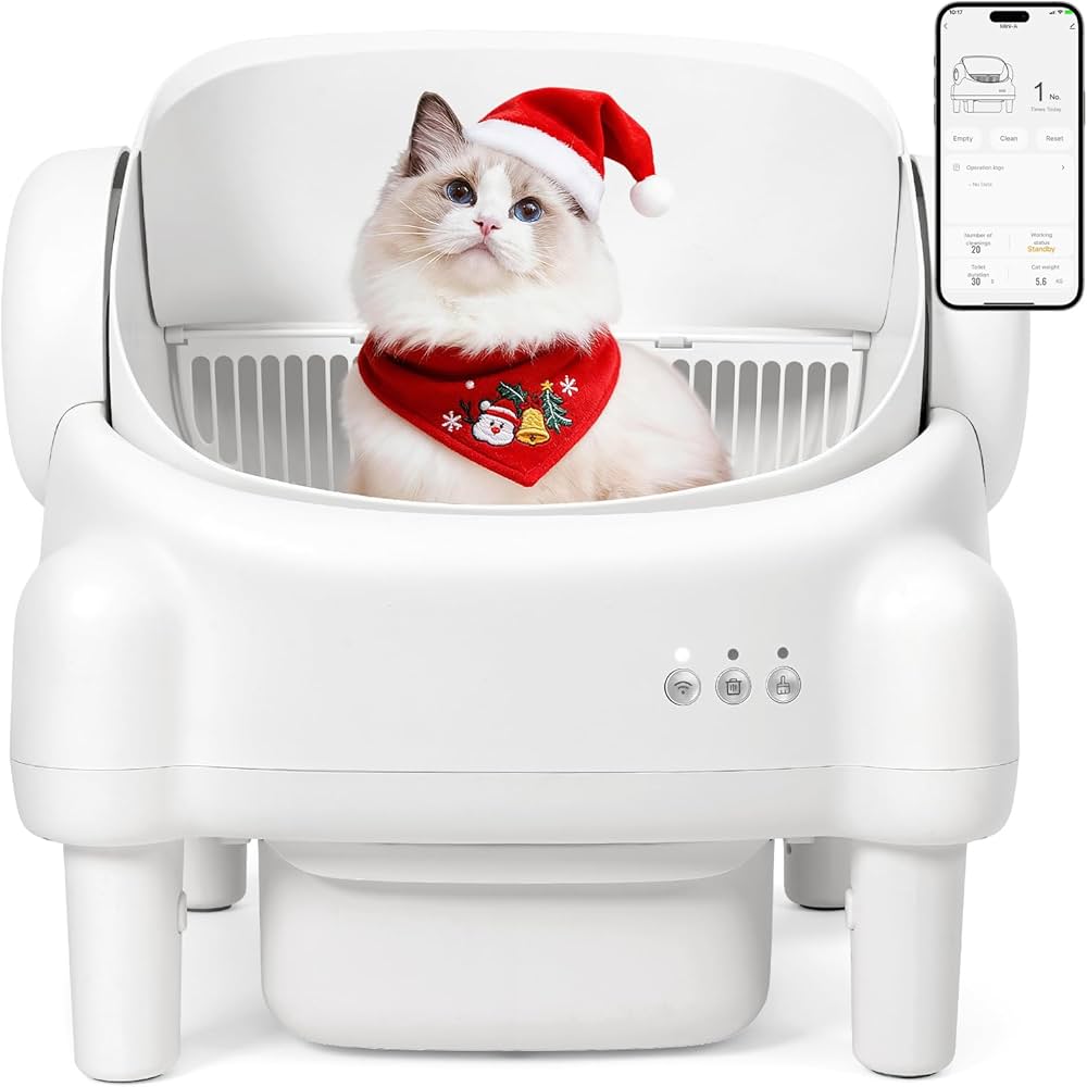 Automatic Litter Box,Open Top Self Cleaning Litter Box with App Control for Multiple Cats, Safety Sensors Protection, Odor Control Includes 2 roll Liners,Large Waste Bin, Cream White