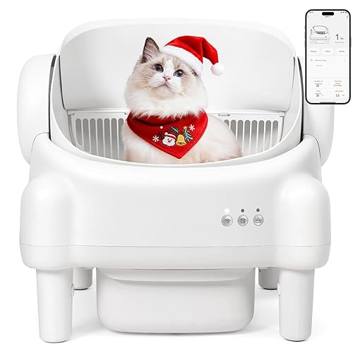 Self Cleaning Litter Box,Open Top Automatic Litter Box with App Control for Multiple Cats, Safety Sensors Protection, Odor Control Includes 2 roll Liners,Large Waste Bin, Cream White