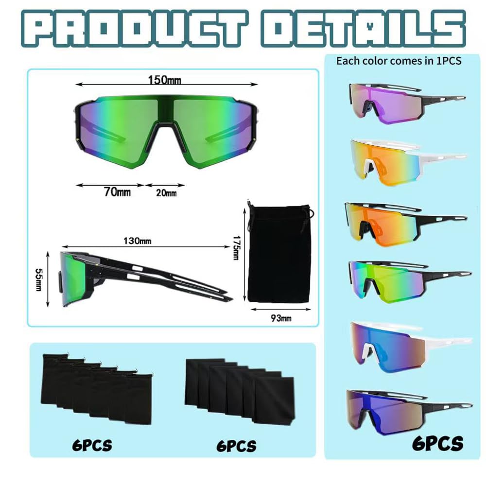 Schnelle Brille Herren Damen, 6 Stück Sport Sonnenbrille, Polarisierte Fahrradbrille mit 6 Aufbewahrungstasche und 6 Brillenputztücher, Laufbrille UV400, Sportbrille für Outdooraktivitäten - 2