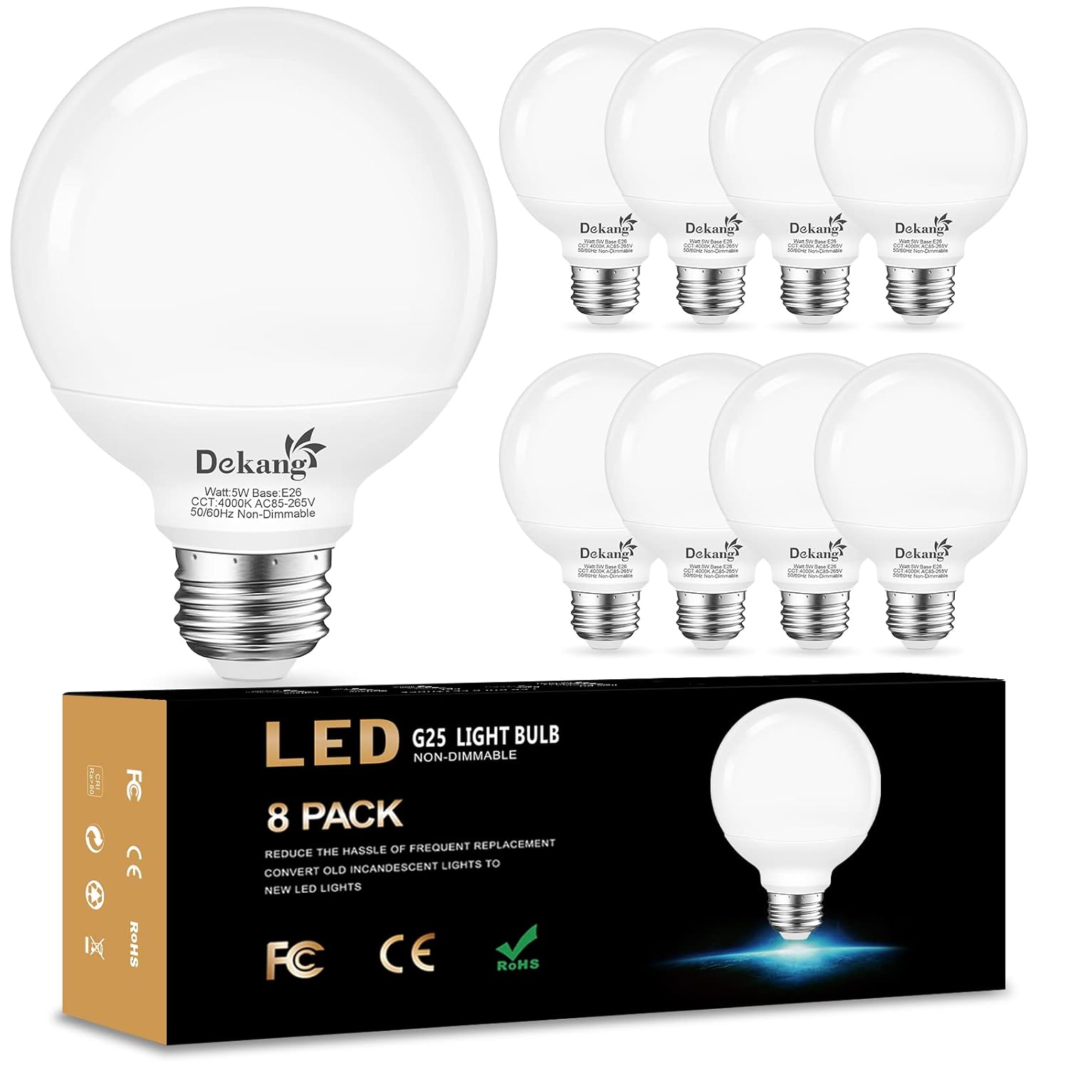 8-Pack LED Vanity Light Bulbs for Bathroom 4000K Natural Daylight E26 Base Globe 60W Incandescent Equivalent 5W Round
