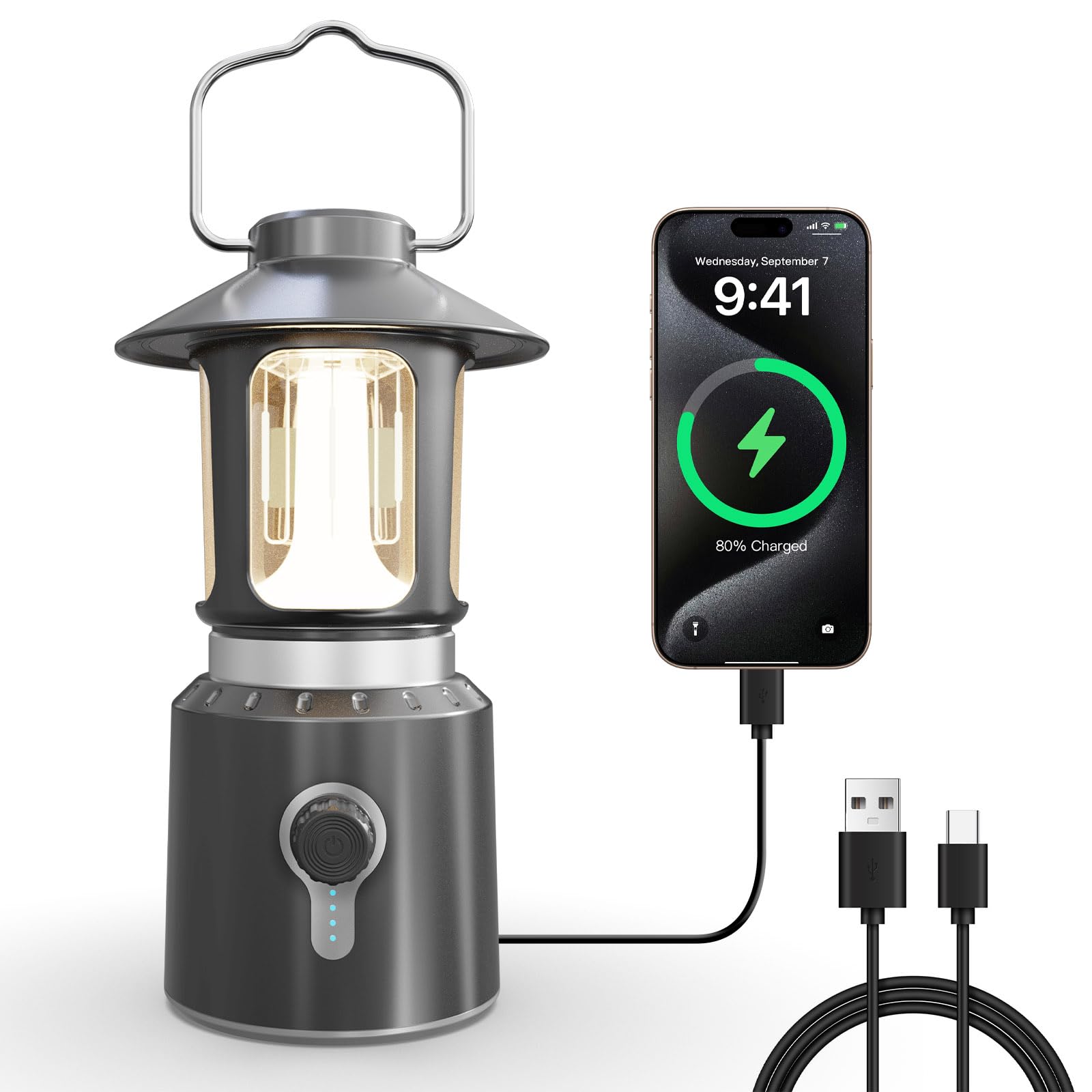 Linterna de camping recargable, 8000 mAh, funciona con pilas, luces LED de camping con 3 modos de luz (2000-6500 K), linternas telescópicas para cortes de energía, huracanes, senderismo, emergencia