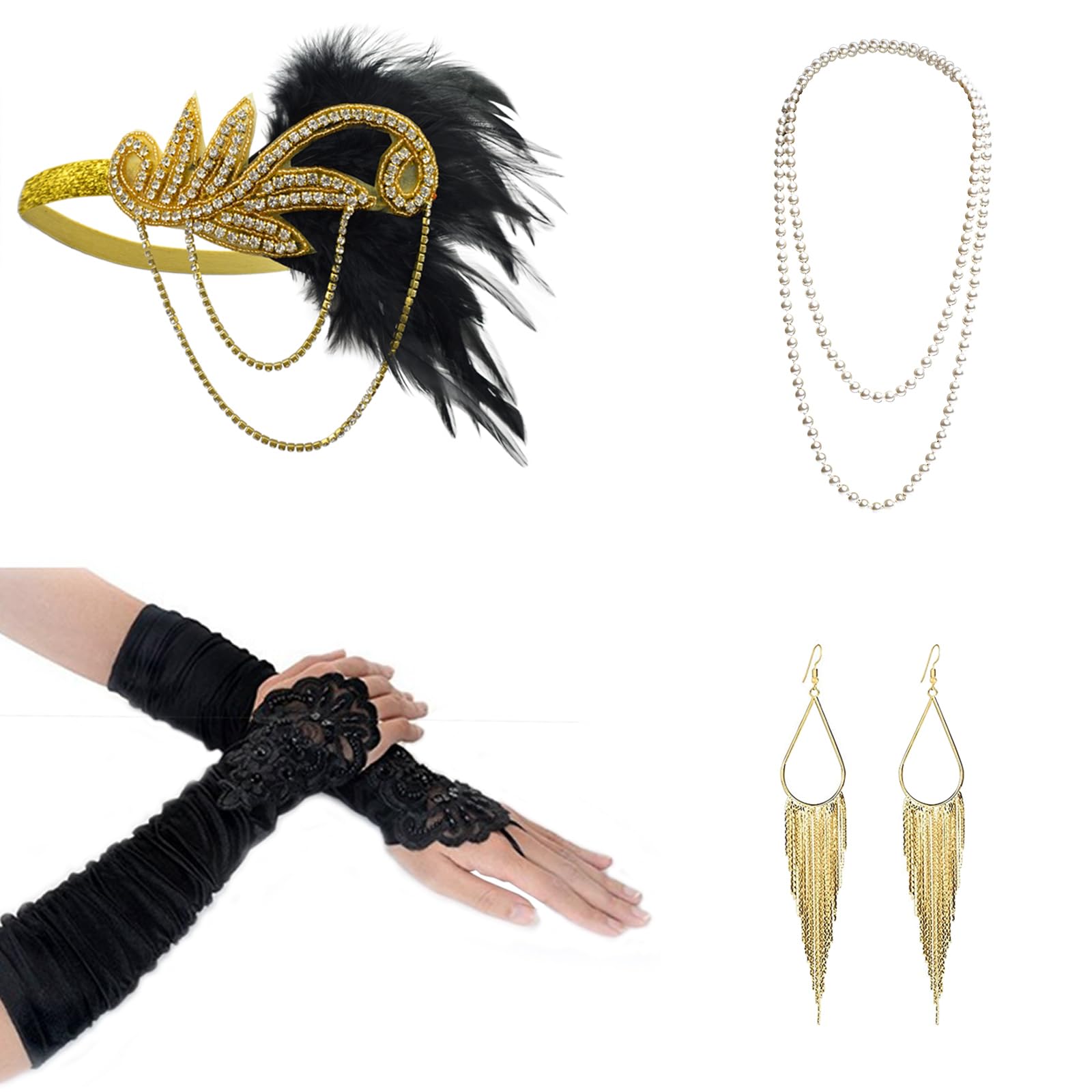 DRESHOW 1920s Accesorios Set Años 20 Fiesta Disfraz Gran Gatsby Diadema Collar Guantes Pendientes para Mujeres