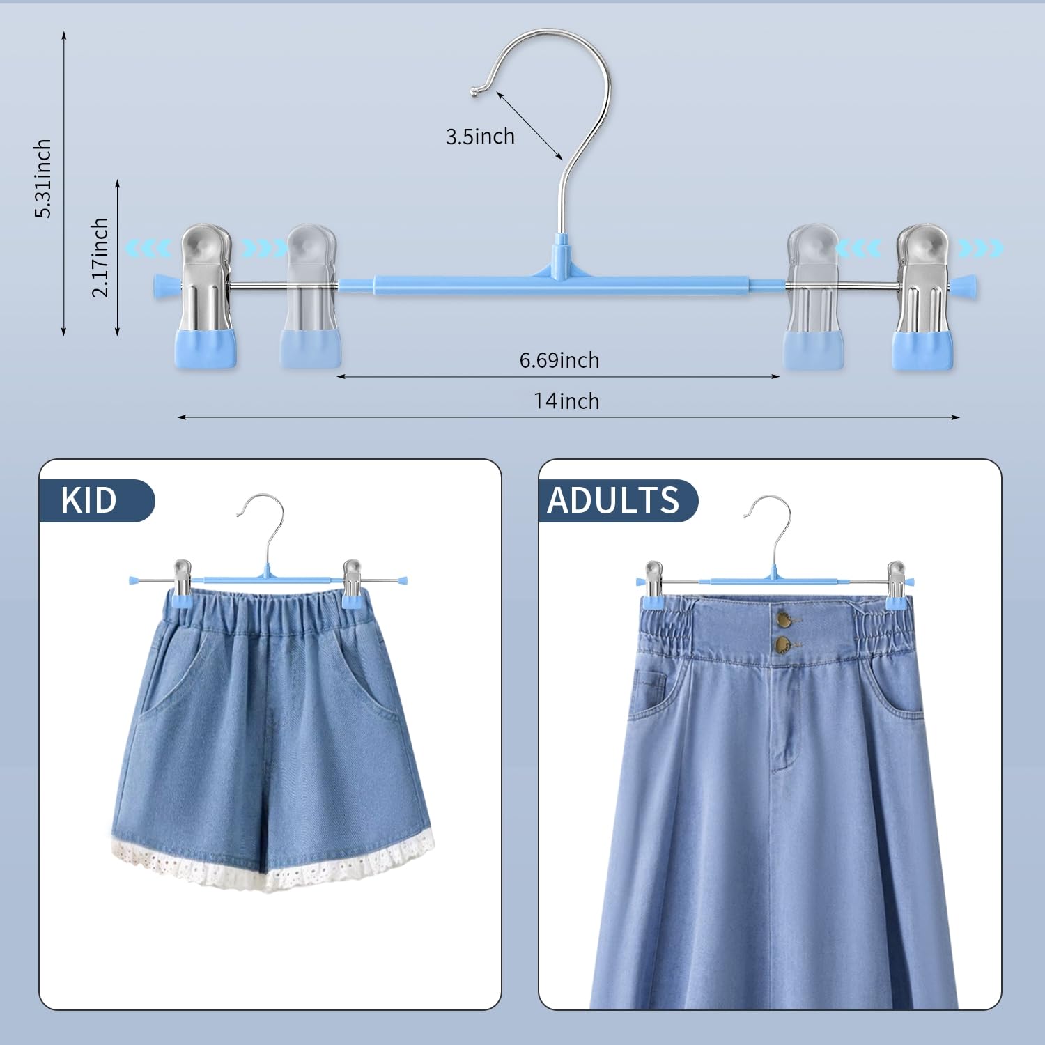 Confezione da 20 grucce per pantaloni da 35,5 cm, con clip, regolabili, in metallo, antiscivolo, resistenti, salvaspazio, per pantaloncini, jeans, blu cielo
