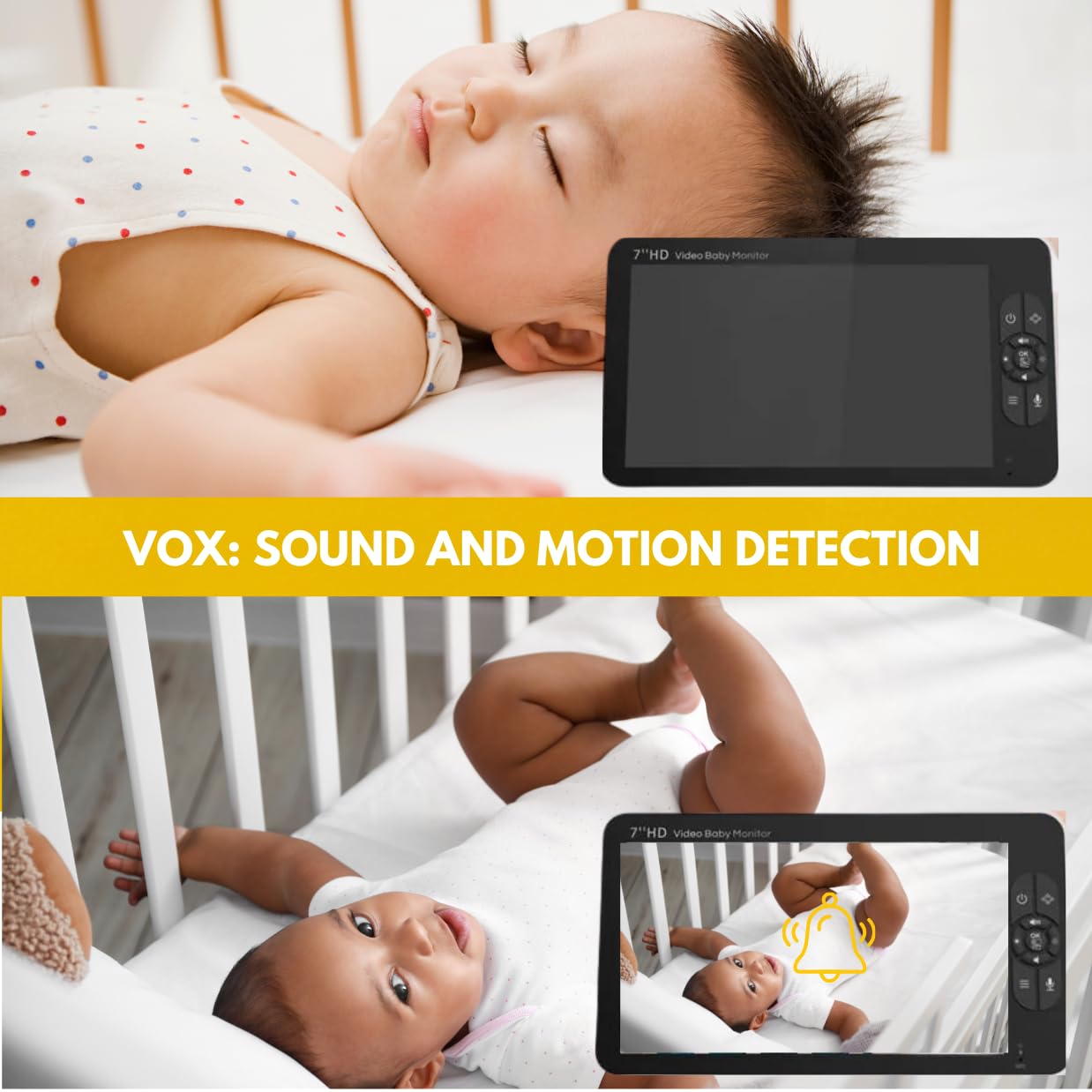 Babystar Baby monitor with camera, 7 inch, 1080p HD video, baby monitor, infrared night vision, two-way audio and VOX mode, temperature, up to 22 hours battery life, improved baby monitor, ideal for