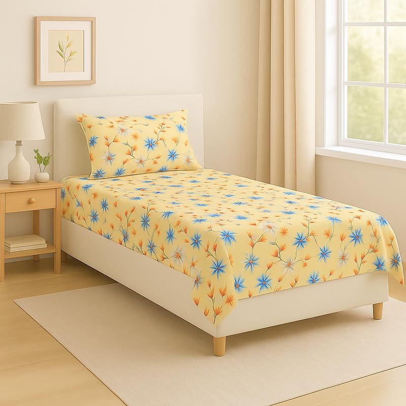 BSB HOME Flat Bedsheet for Single Bed with 1 Pillow Cover | Soft Touch Cotton | Comfortable & Durable | Size 90 x 60 Inch | Elegant Printed Bedding Set for Daily Use, Color - Beige and Blue