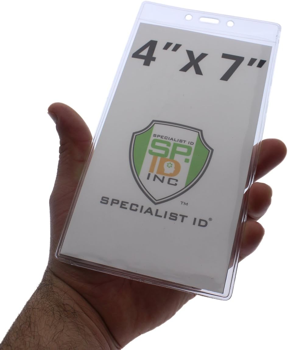 Bulk 100 Pack - 4 x 7 Extra Large Clear Vinyl Badge Holders - Heavy Duty Vertical Plastic Name Tag Sleeves for Pit Pass, Press Credential, Sports and Season Tickets by Specialist ID