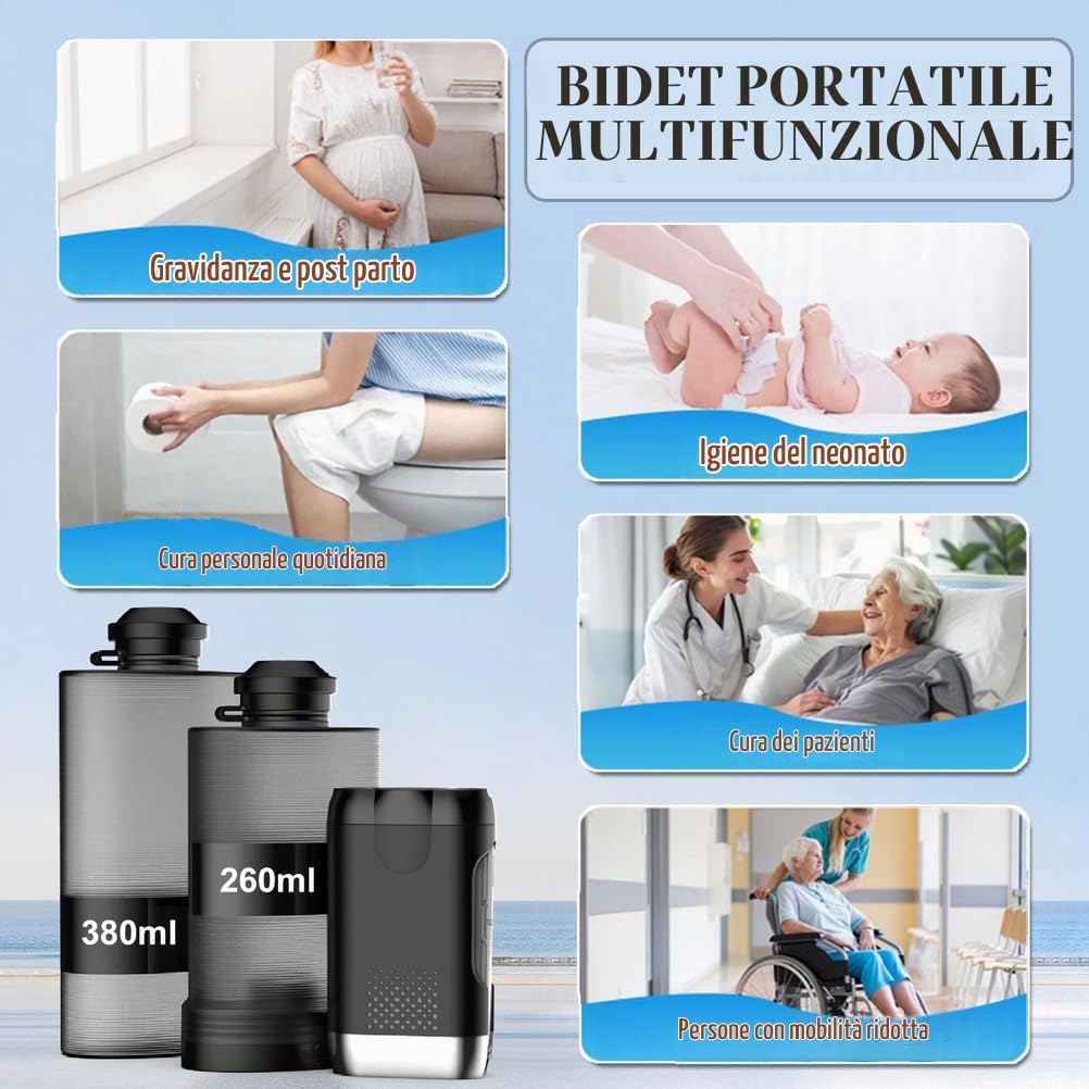 Bidet Portatile Elettrico con Serbatoio 380+260Ml,Peri Bottle Post Partum Ricaricabile,2 modalità,Ugello Pieghevole,Bidet da Viaggio Uomini Donne Perineali Emorroidi Anziani Bambino Campeggio