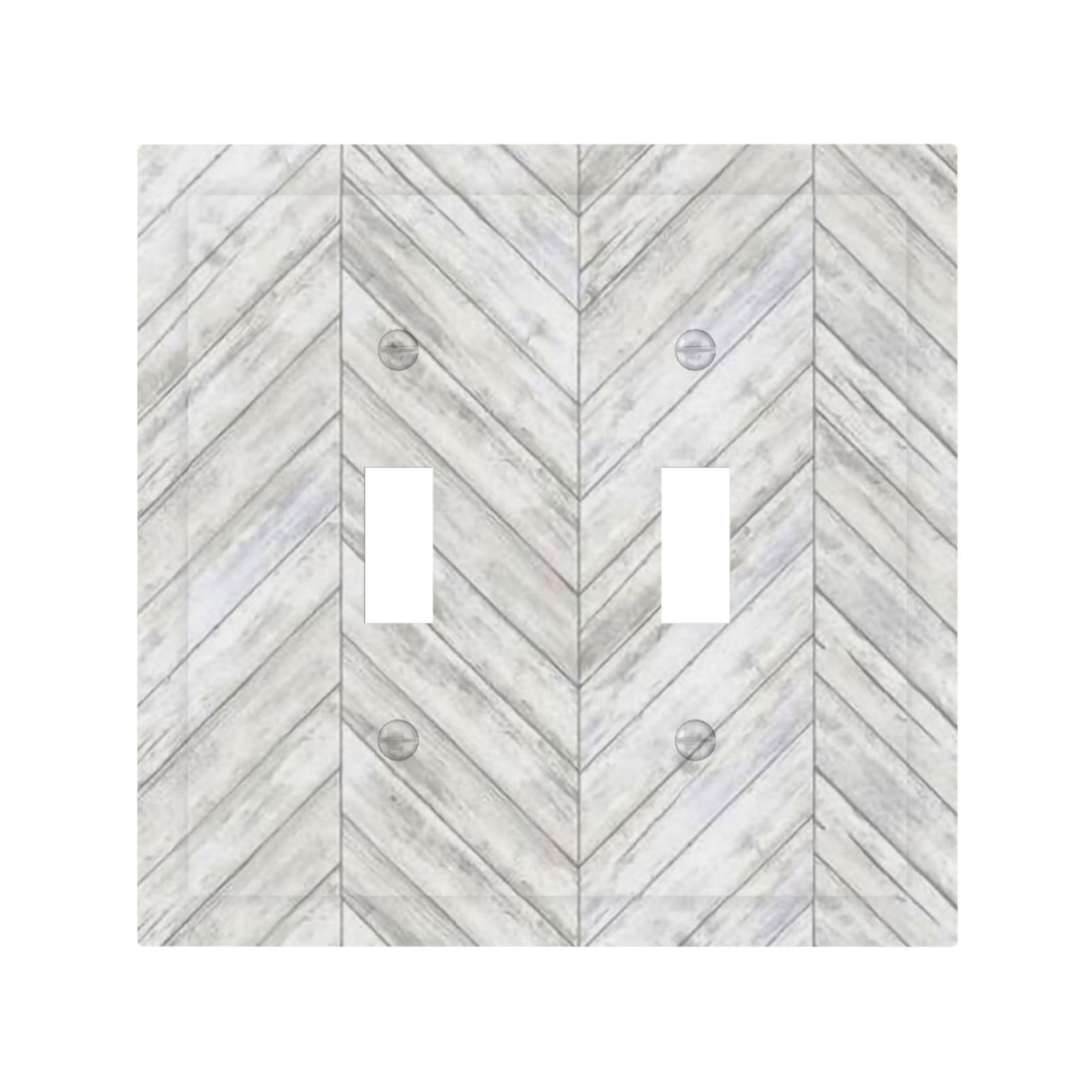 White/Grey Herringbone Wood Wooden Decorative 2 Gang Double Toggle Outlet Light Switch Cover, Two Gang Toggle Wall Plate Electrical Faceplate Dual Device Switchplate