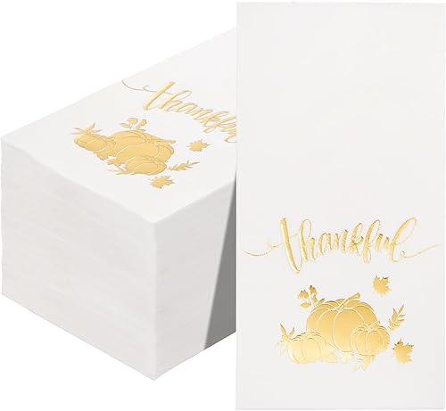 Miniatura 1 de BUCLA 100 servilletas de 3 capas de Acción de Gracias, servilletas desechables de papel blanco y dorado, servilletas de papel de calabaza de alta