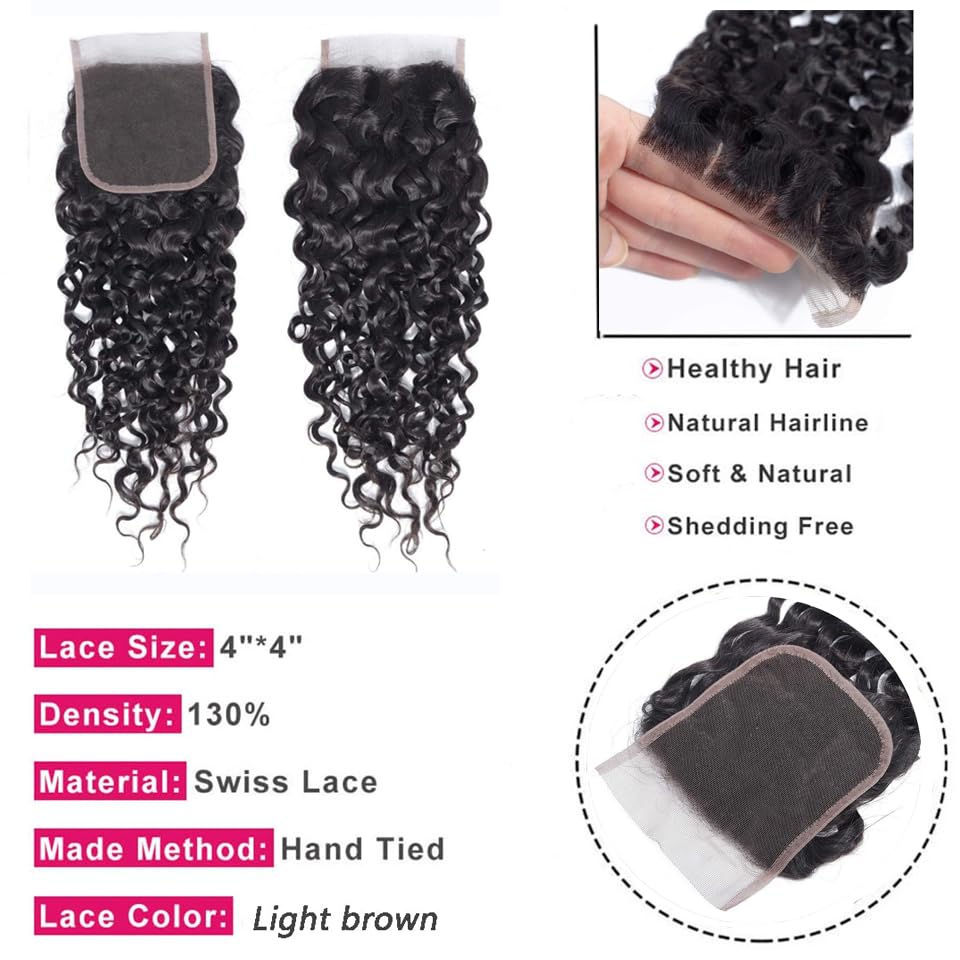 Miniatura 3 de Cabello humano con cierre de onda profunda 4X4, nudos blanqueados, cierre de encaje, solo parte libre de encaje transparente con abuelitos, con