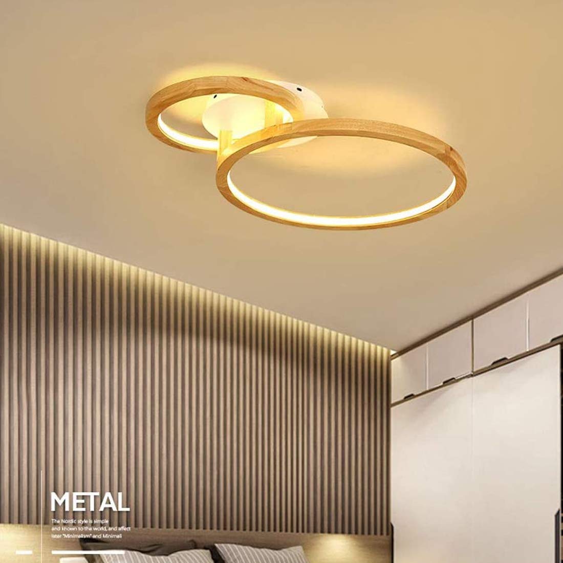 Etage LED-Deckenleuchte Holz, Deckenlampe Wohnzimmer mit Fernbedienung, Schlafzimmer Leuchte, 2-Flammig, Modern Designlampen, Ring Deko Acryl-Schirm, Holzlampe Dimmbar Inkl. Fernbedienung (Ø72*51cm)