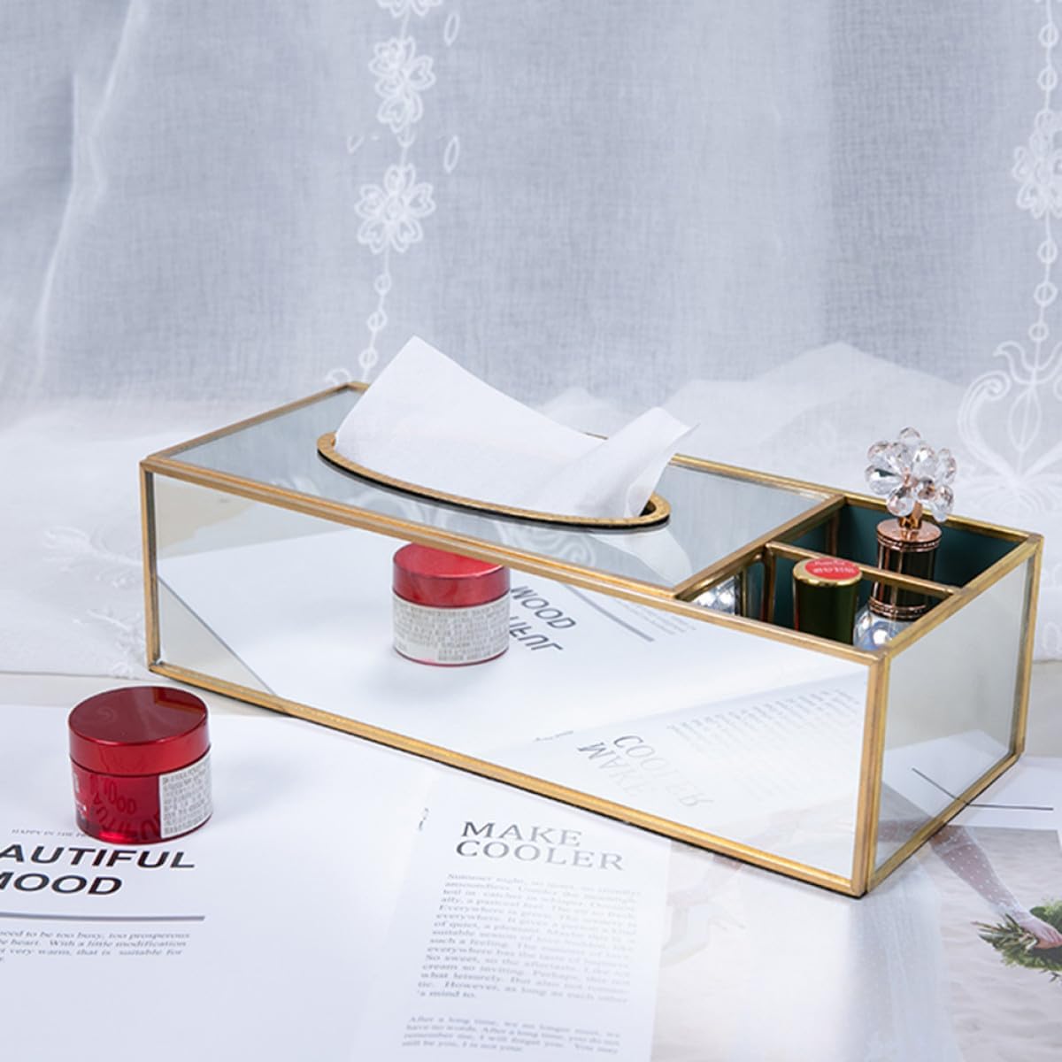 Brass Mirrored Glass Tissue Box, Dustproof Tissue Holder for Home Bathroom, Decorative Glass Napkin Dispenser with Mirror Finish