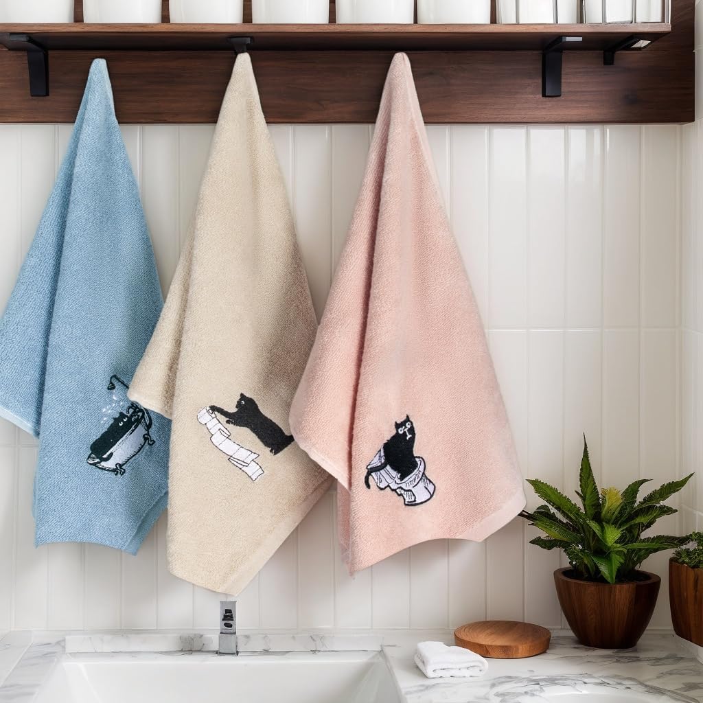 3Pcs Cute Cat Hand Towels Farmhouse Bathroom Decor Embroidered Decorative Funny Black Cat 100% Cotton Soft Absorbent Towels for Bathroom Kitchen 14x29'' - Image 2