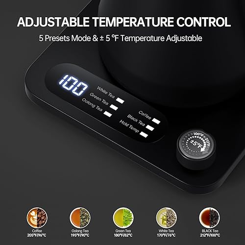 Miniatura 3 de Tisanio Hervidor eléctrico de cuello de cisne con control de temperatura, calentamiento rápido de 1200 vatios y mantiene el calor 2 horas, vierte