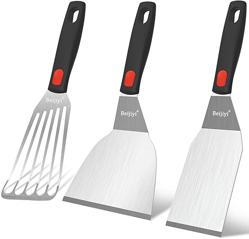 Beijiyi Juego de espátulas de acero inoxidable, espátula de metal pequeña resistente para cocinar sartén de hierro fundido con mango de silicona,