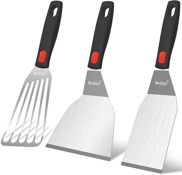 Beijiyi Stainless Steel Spatula Set, Heavy Duty Small Metal Spatula for Cooking Cast Iron Skillet with Silicone Handle -