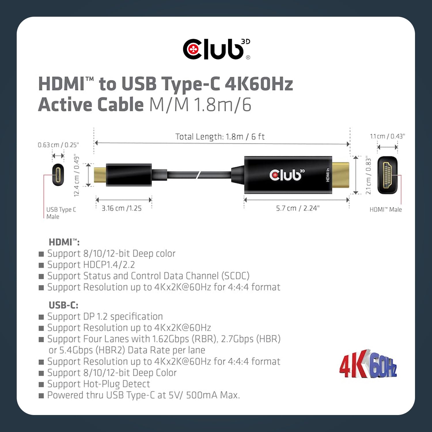 Club 3D CAC-1334 - Cavo video 4K 60Hz HDMI a USB tipo C (maschio) per monitor attivo, 1,8 m