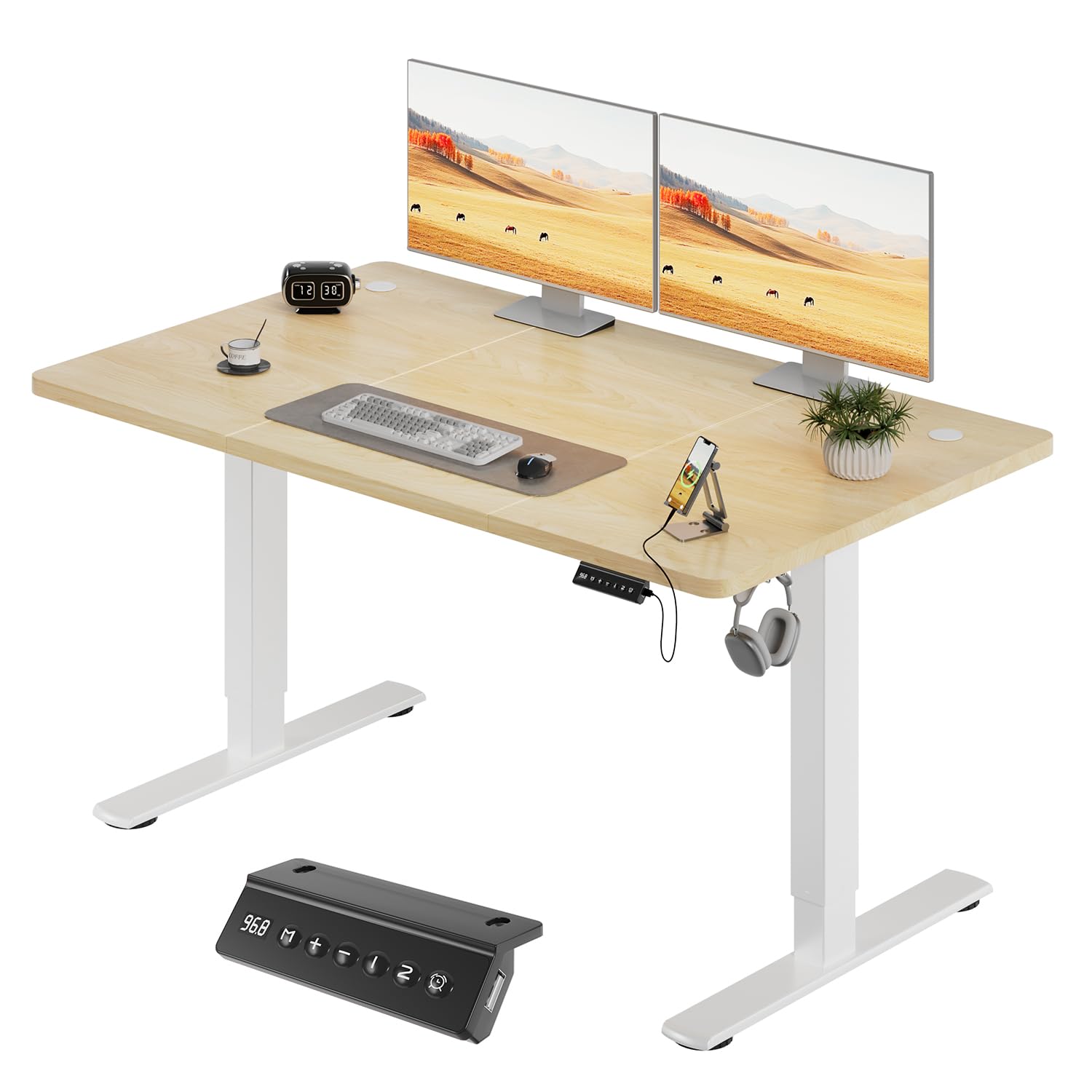JUMMICO Höhenverstellbarer Elektrischer Schreibtisch 140 x 60 cm mit USB Ladeanschluss, Schreibtisch Höhenverstellbar, Ergonomischer Steh-Sitz Tisch Beige