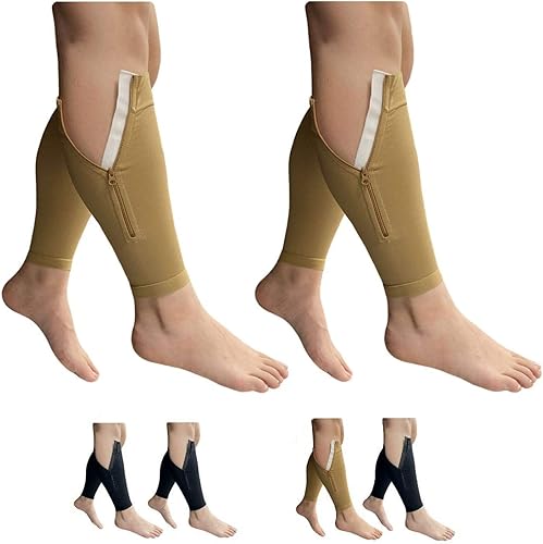 Shin Footless 20-30 mmHg Cremallera Pierna de compresión Pantorrilla 2 Pares Manga, Combo beige