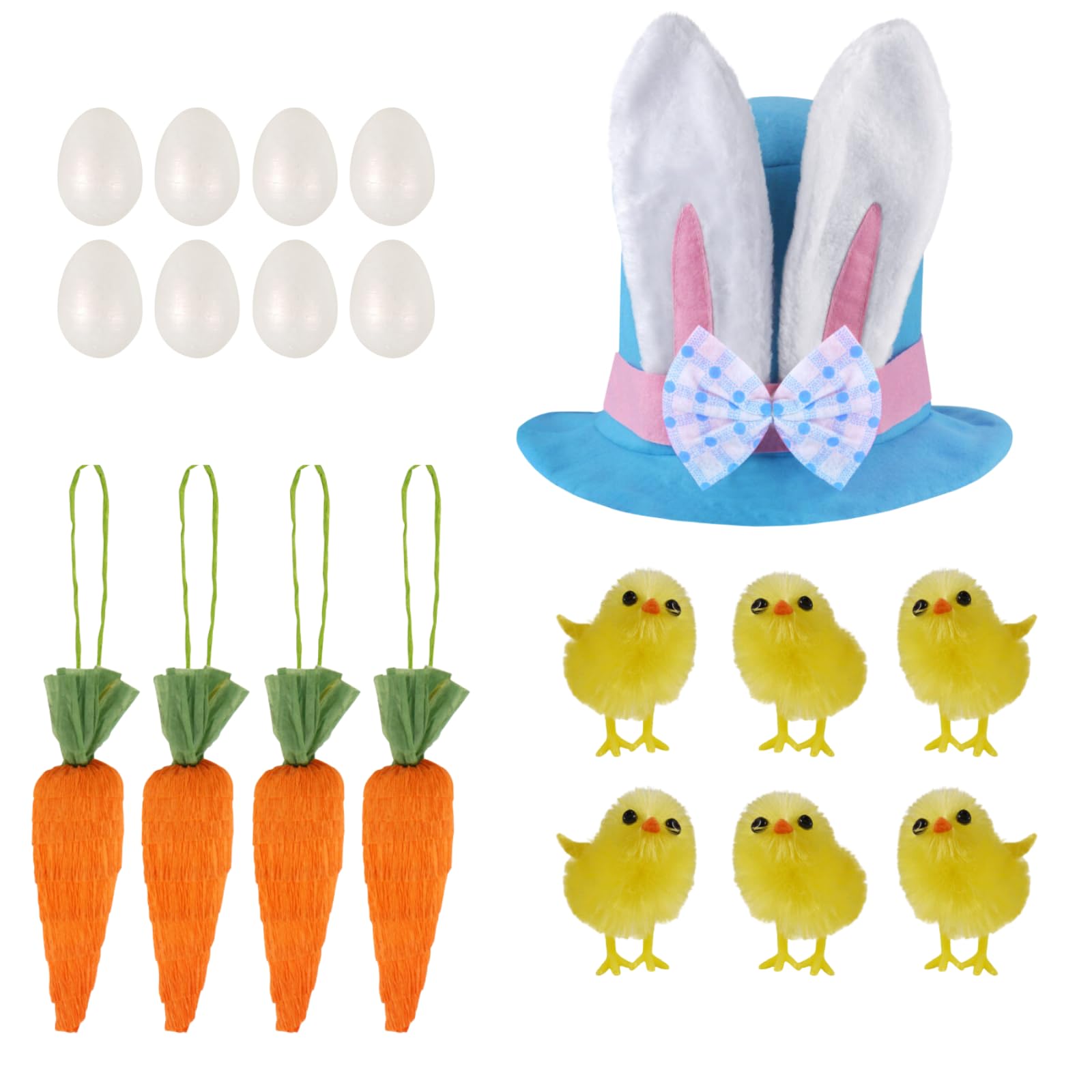 labreeze Children’s Bunny Top Hat with Foam Egg Craft Kit (8pcs), Easter Carrots & Mini Yellow Chicks (3.5cm, 6pcs) – Perfect for Easter Bonnet Parade & Craft Activities