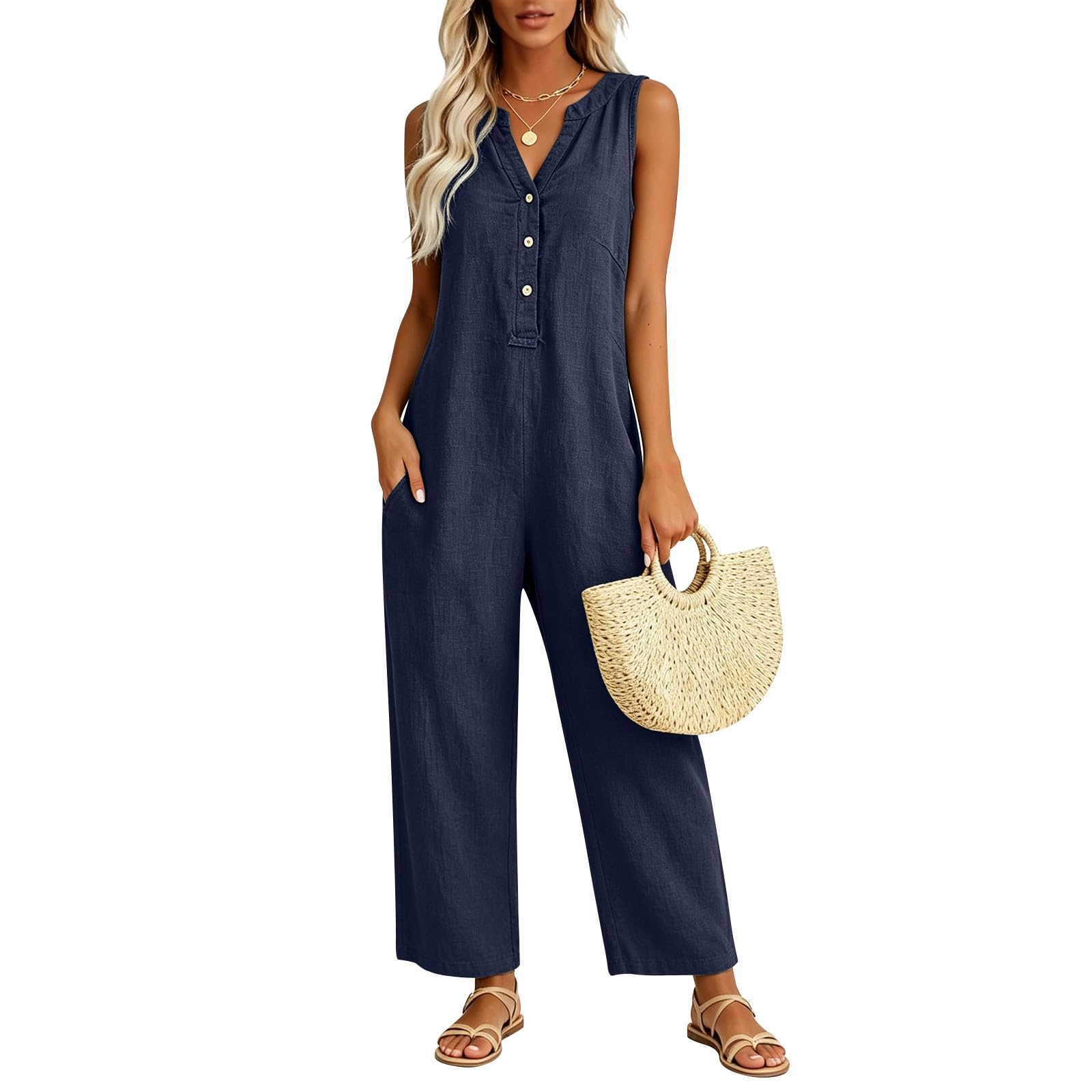 Tuta estiva da donna, in lino, senza maniche, con tasche | Tuta con pantaloni a gamba larga, elegante scollo a V, tuta intera in mussola, casual, per le vacanze