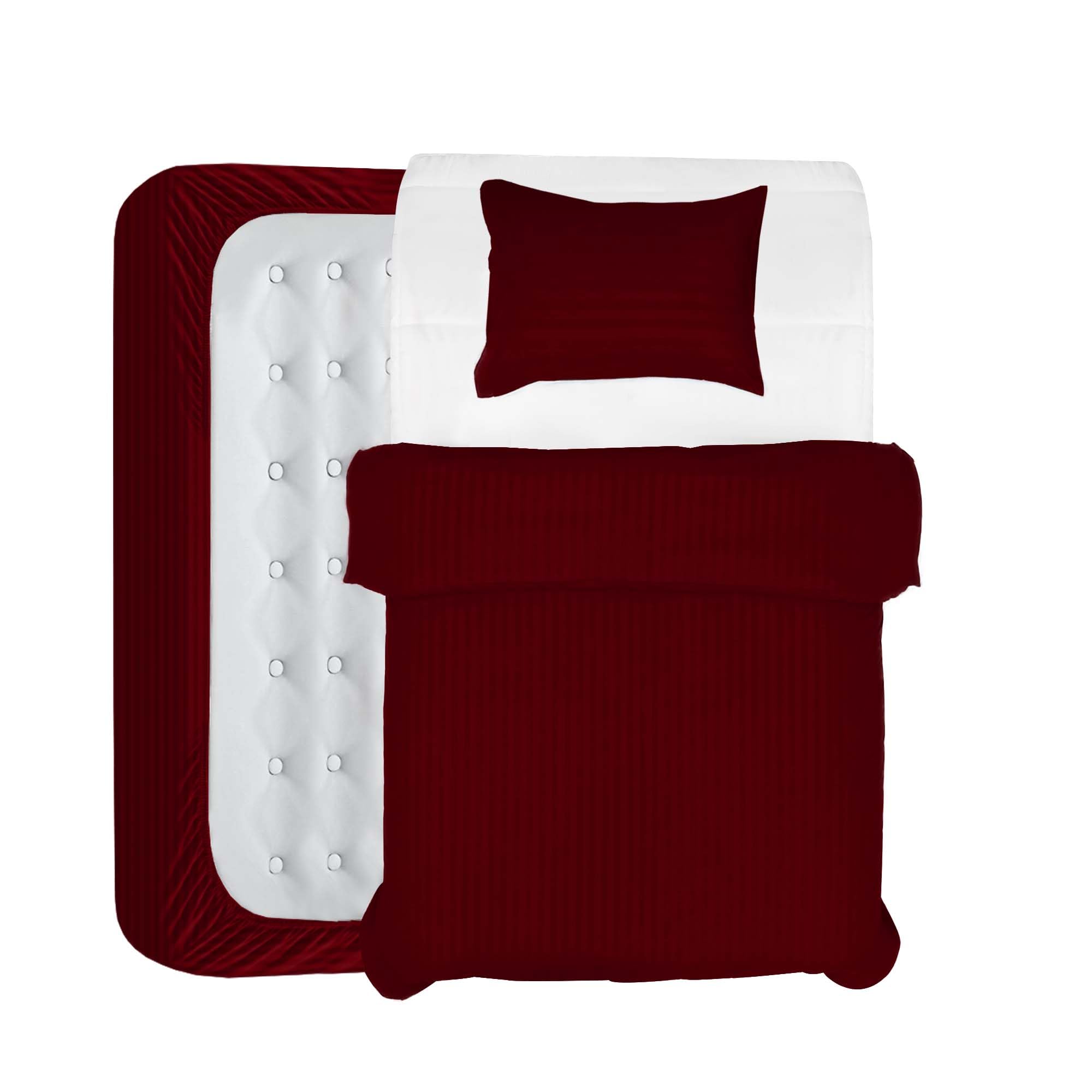 BedLooms 3 Piece Single Duvet Cover Set - Duvet Cover and Fitted Sheet with Pillow case - Satin Stripes Soft Brushed Microfiber (Burgundy)