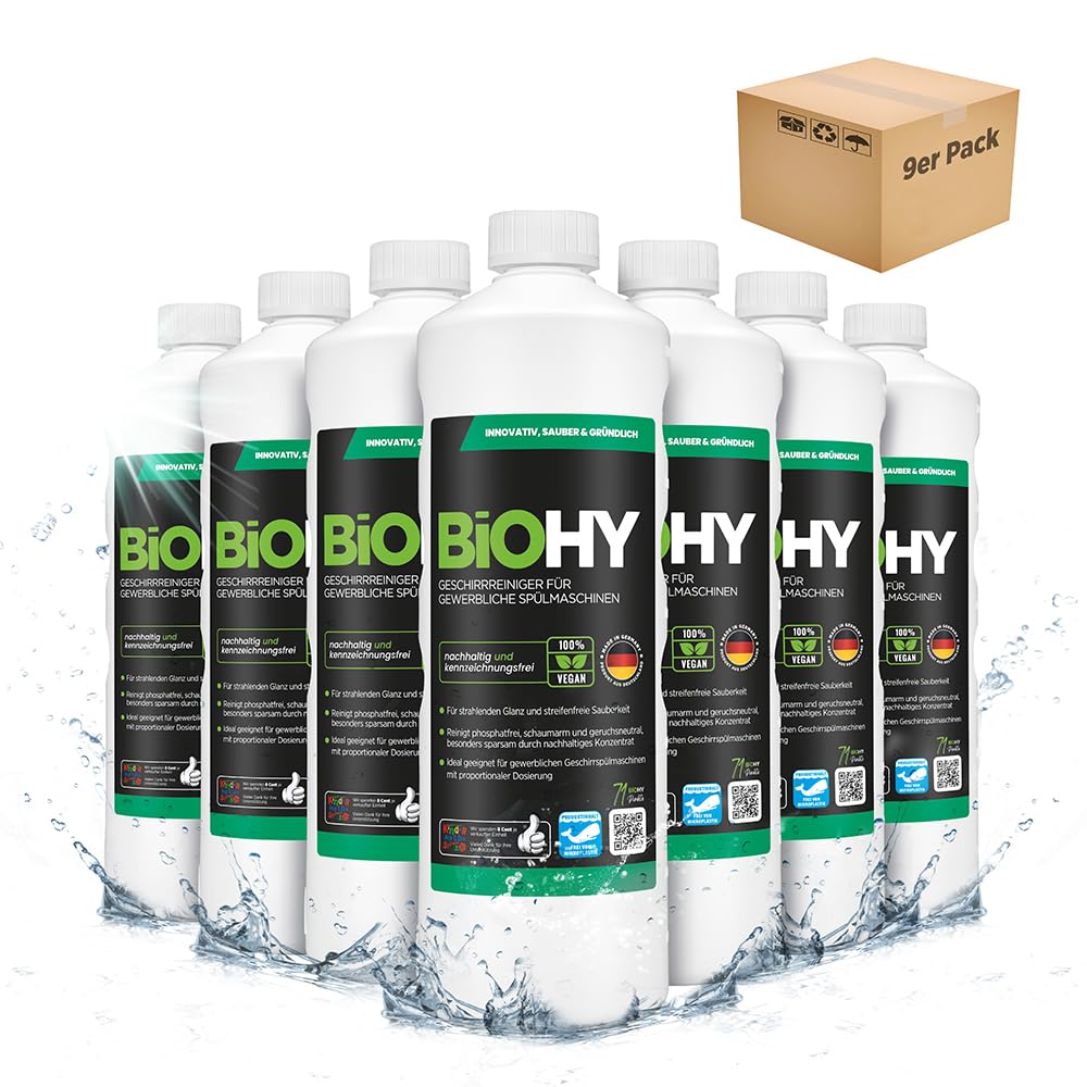 BiOHY Detergent do mycia naczyń do zmywarek komercyjnych (9 x butelka 1l) | koncentrat dla gastronomii | promienny połysk dzięki formule rozpuszczającej tłuszcz (Geschirrreiniger)
