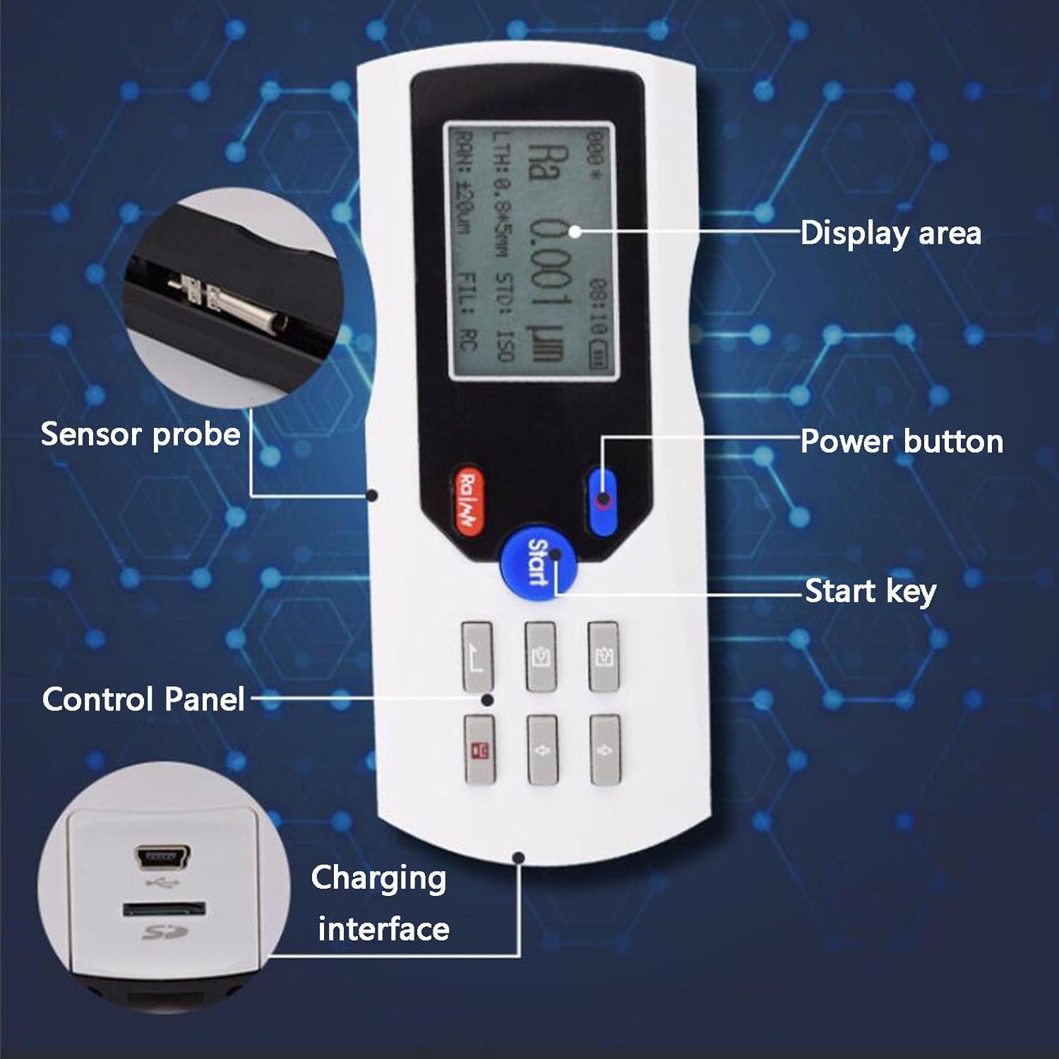 Probador de rugosidad de la superficie, profilómetro digital de mano, pantalla LCD, sonda de diamante, precisión 0,001 μm