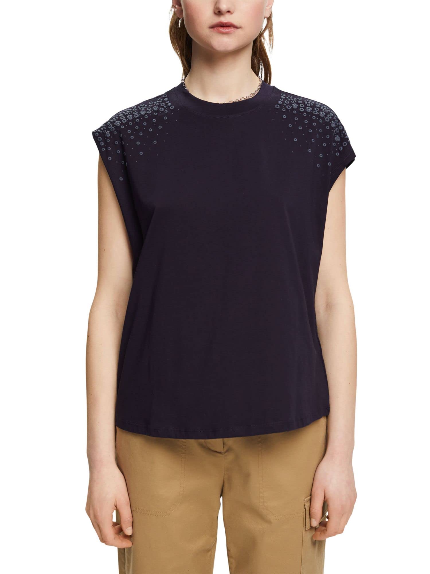 ESPRIT EDC Floral Print Sleeveless Cotton T-Shirt, Navy, XS