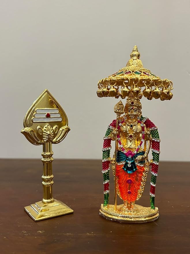 Lord Murugan Golden Idol with Crystal Stones Statue Positive for Car Dashboard, Home & Office, Pooja & Gift by The Great Indian Store (Antique, Vel Gold & Umbrella)