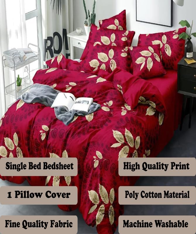 Image of Polycotton Single Bed Bedsheet, Flat Sheet with 1 Pillow Cover, Queen (60x90 inch), 300 TC, Red & Golden, Set of 2