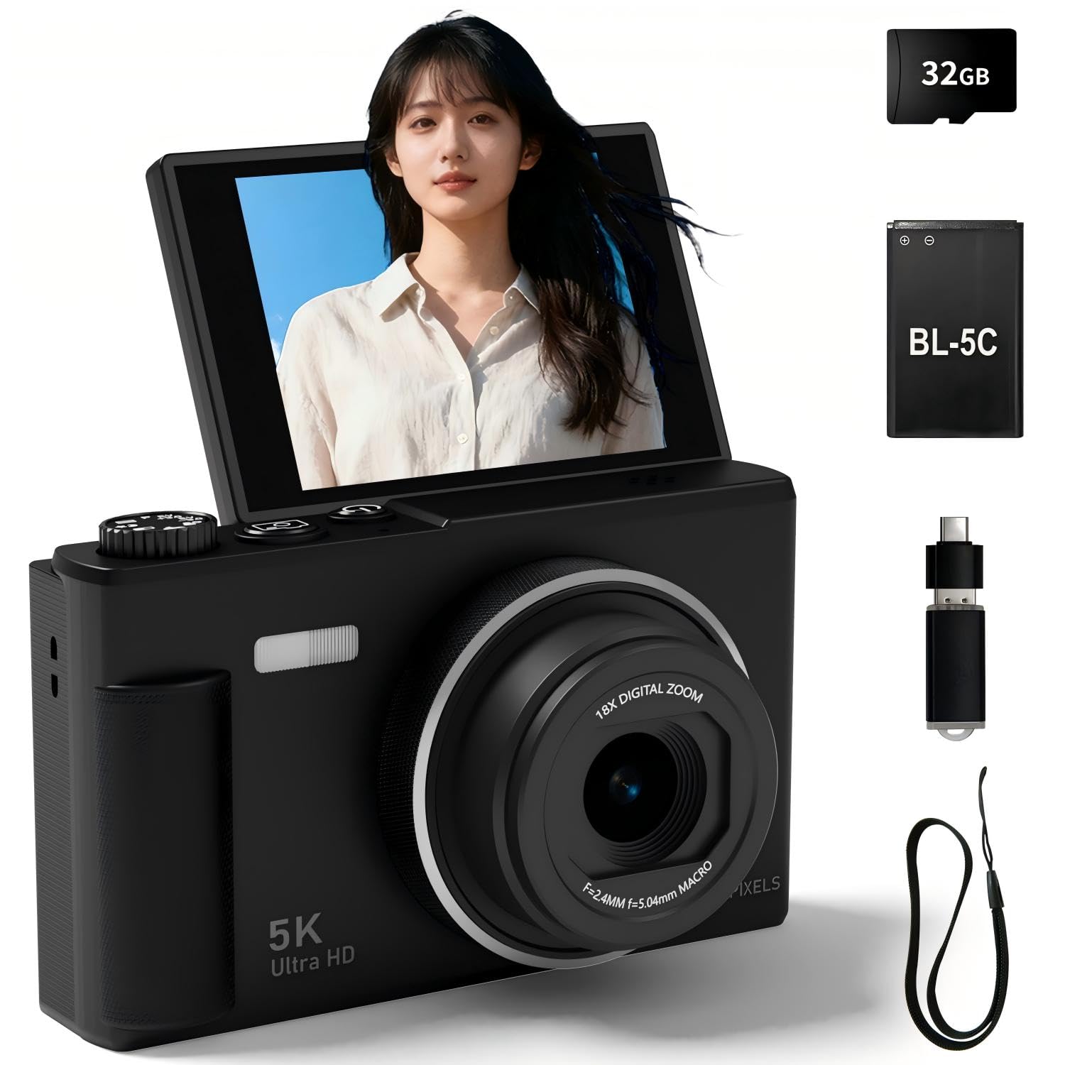 デジカメ 動作確認済み Amazon | Fesaymi デジカメ 5K 7500万画素 デジタルカメラ 180度回転