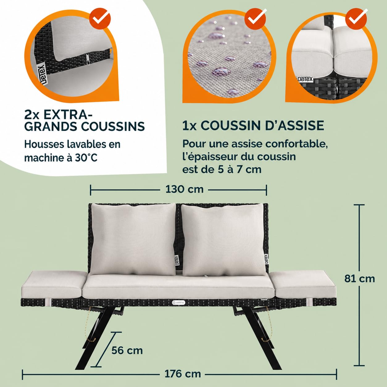 Casaria® Banc de Jardin Noir/Blanc polyrotin Fonction Chaise Longue réglables Extérieur Jardin Terrasse Balcon Canapé
