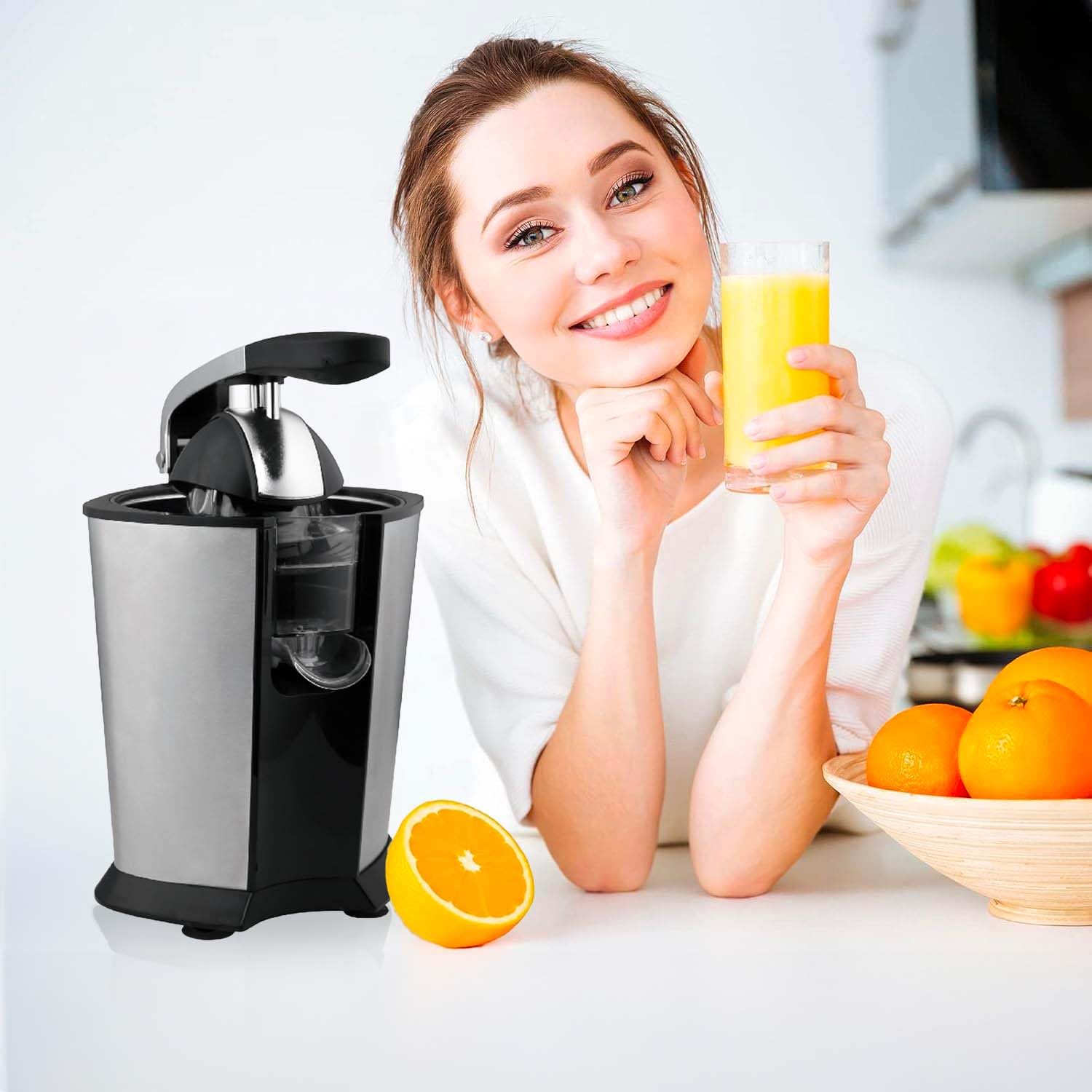 Wintem Presse-agrumes électrique en acier inoxydable noir – Idéal pour presser rapidement et sans effort les citrons, oranges et autres agrumes avec 2 cônes différents de pressage – Facile à nettoyer