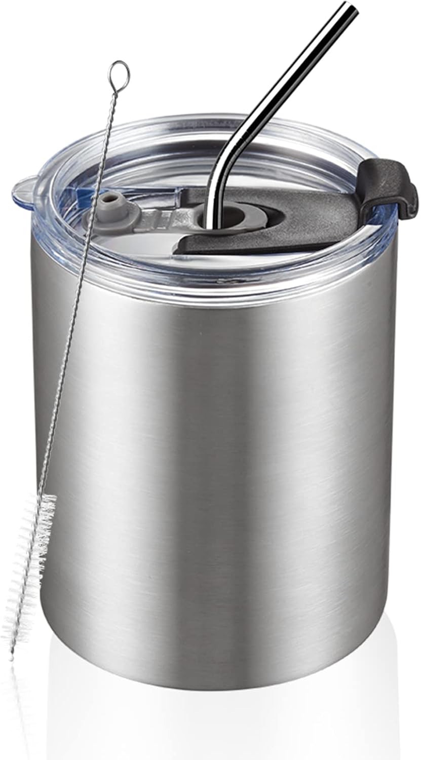 MEWAY 12 oz Lowball, Tumbler Stainless Steel Double Wall Vacuum Insulated Mug with Straw and Lid, Cleaning Brush ，Durable Powder Coated Insulated Coffee Cup for Cold & Hot Drinks (Silver, 1 Pack) - Image 3