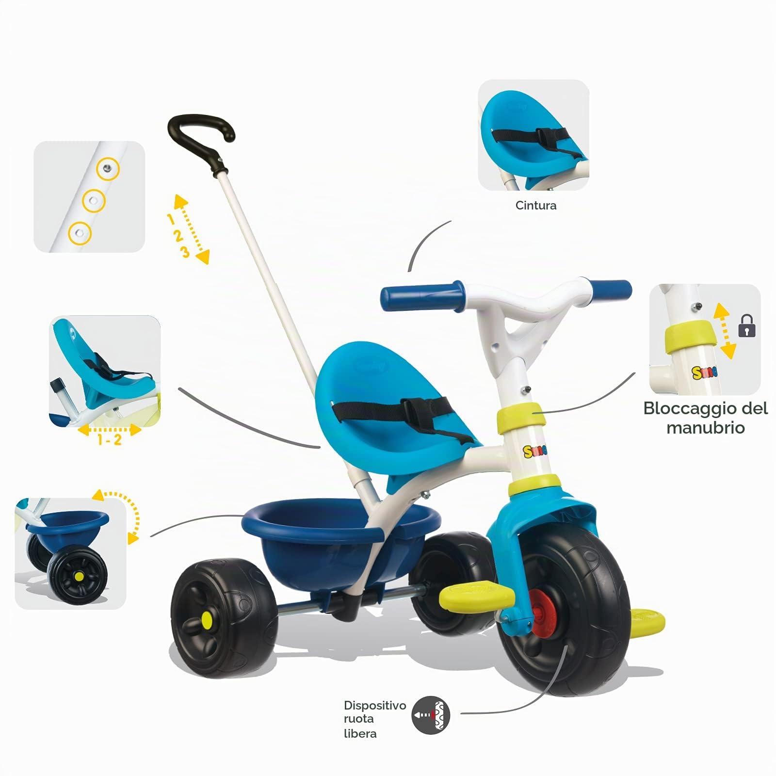 Smoby - Triciclo Be Fun Boy 7600740323, + 15 Mesi, con Asta di Spinta Removibile