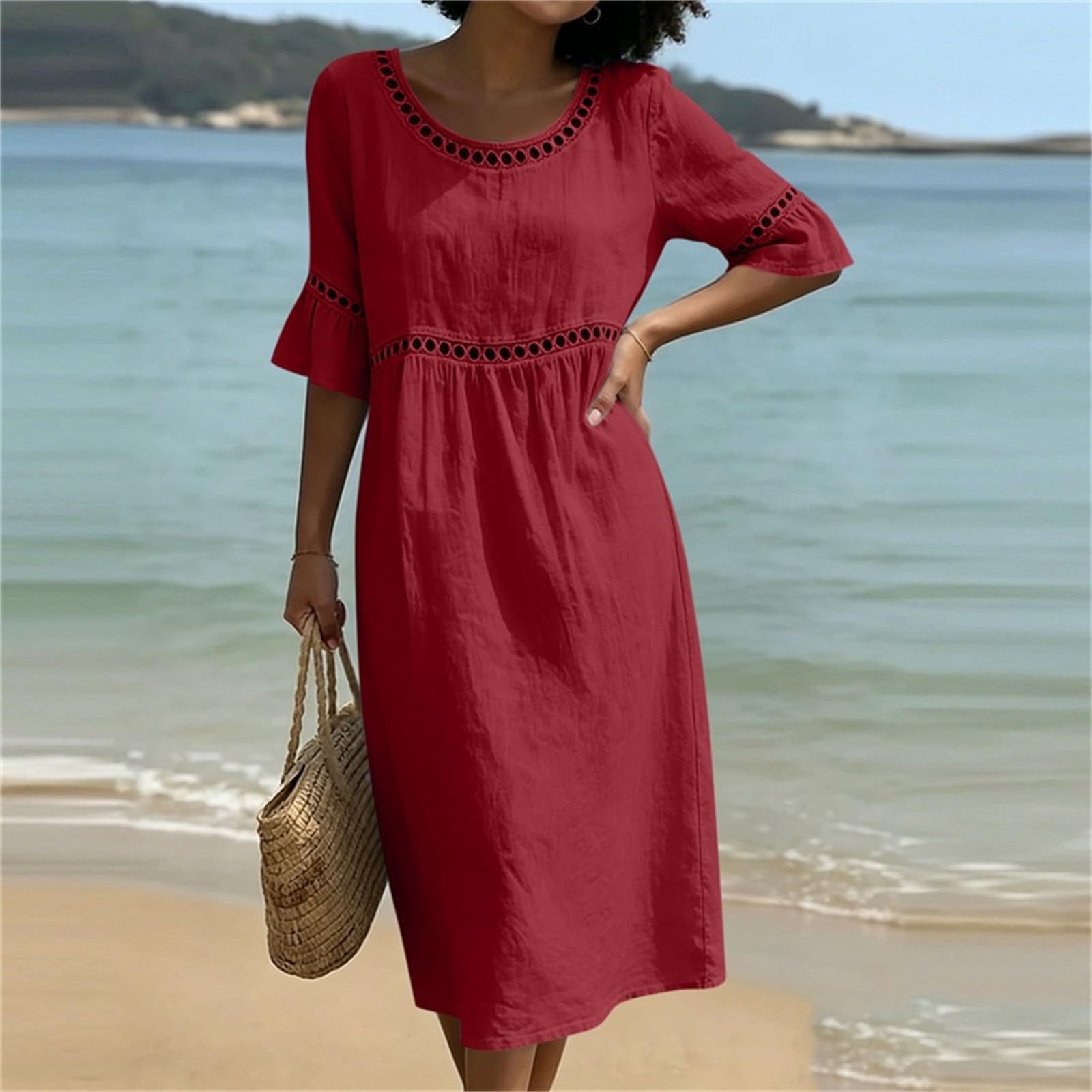 Sommerkleid Damen Lang Boho Elegant 3/4 Ärmel Lochstickerei Musselin Locker Boho Kleid Sommer Strandkleid Elegant Baumwolle Leinenkleid A-Linie Hohe Taille Maxikleid Leicht und Luftig Freizeitkleid